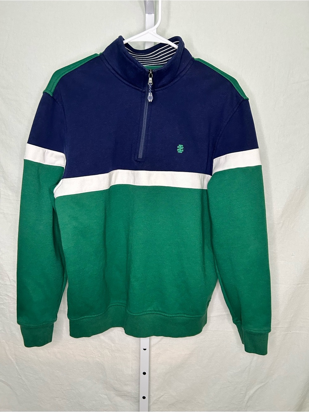 IZOD Preppy Colorblock Quarter Zip | Dark Green Navy White Varsity Fleece | M